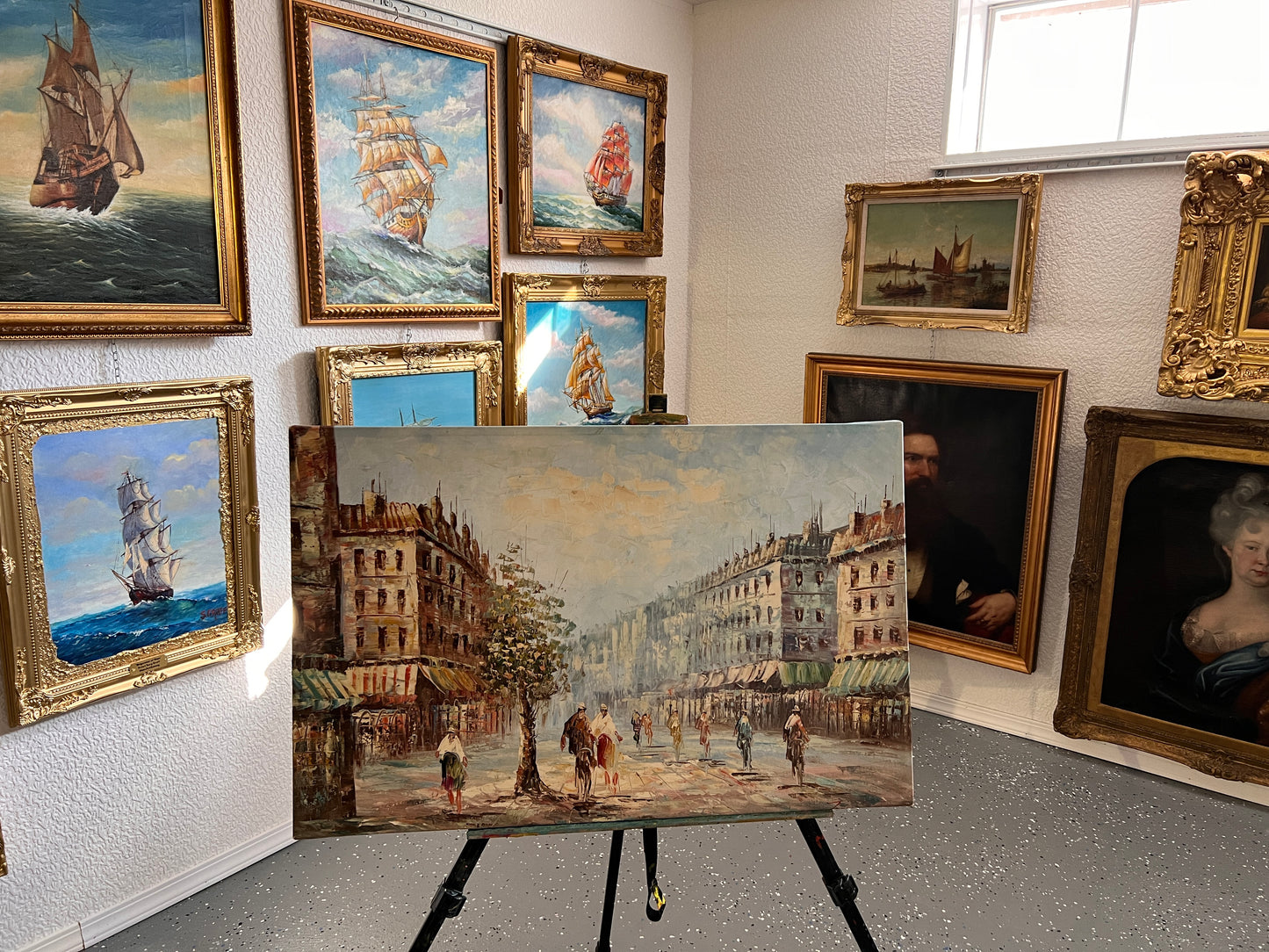 Vintage oil painting on canvas Paris street view, Unframed, Unsigned