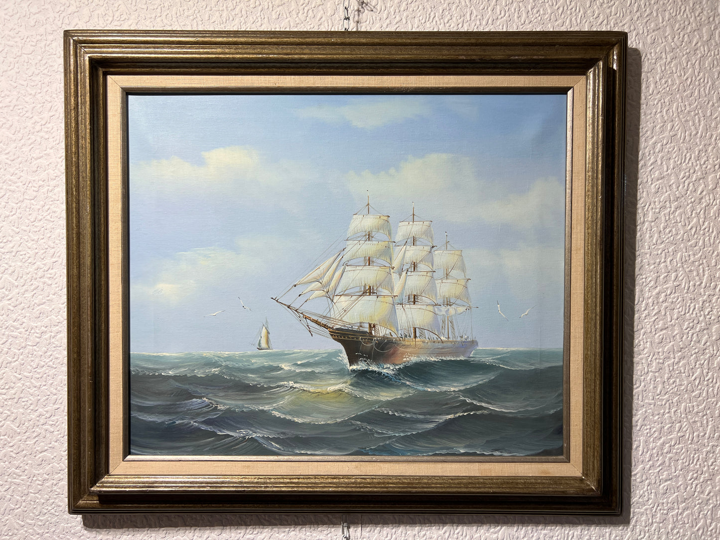 Original Oil painting on canvas, seascape, Sailing Ship in the Ocean, Framed