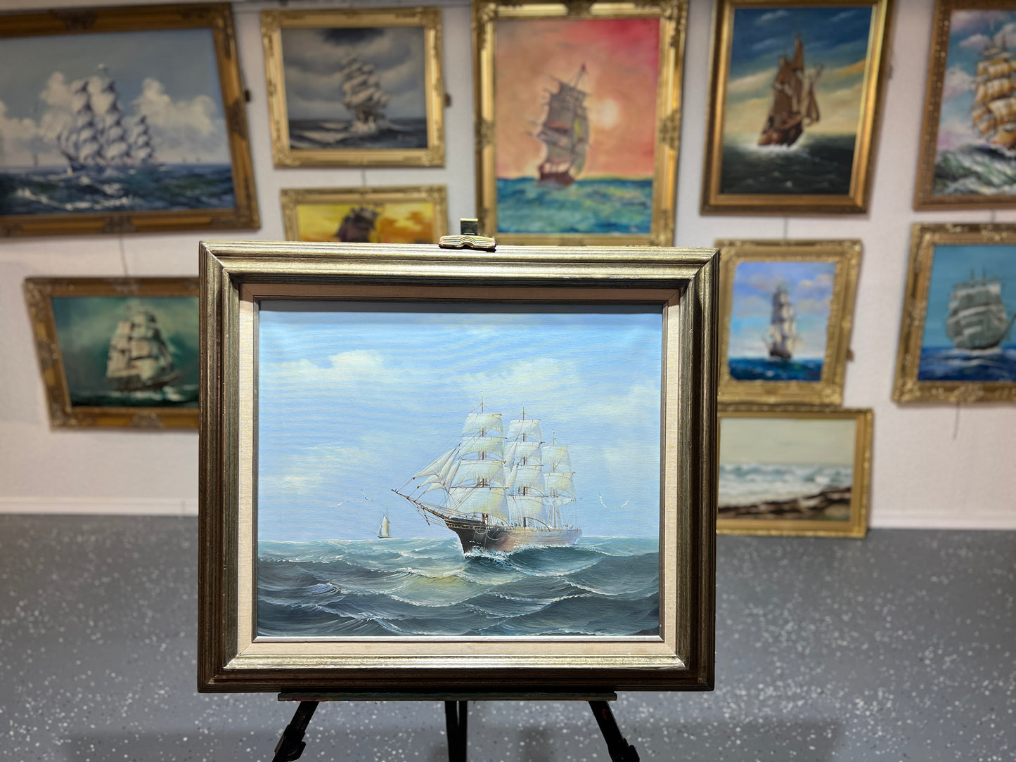 Original Oil painting on canvas, seascape, Sailing Ship in the Ocean, Framed