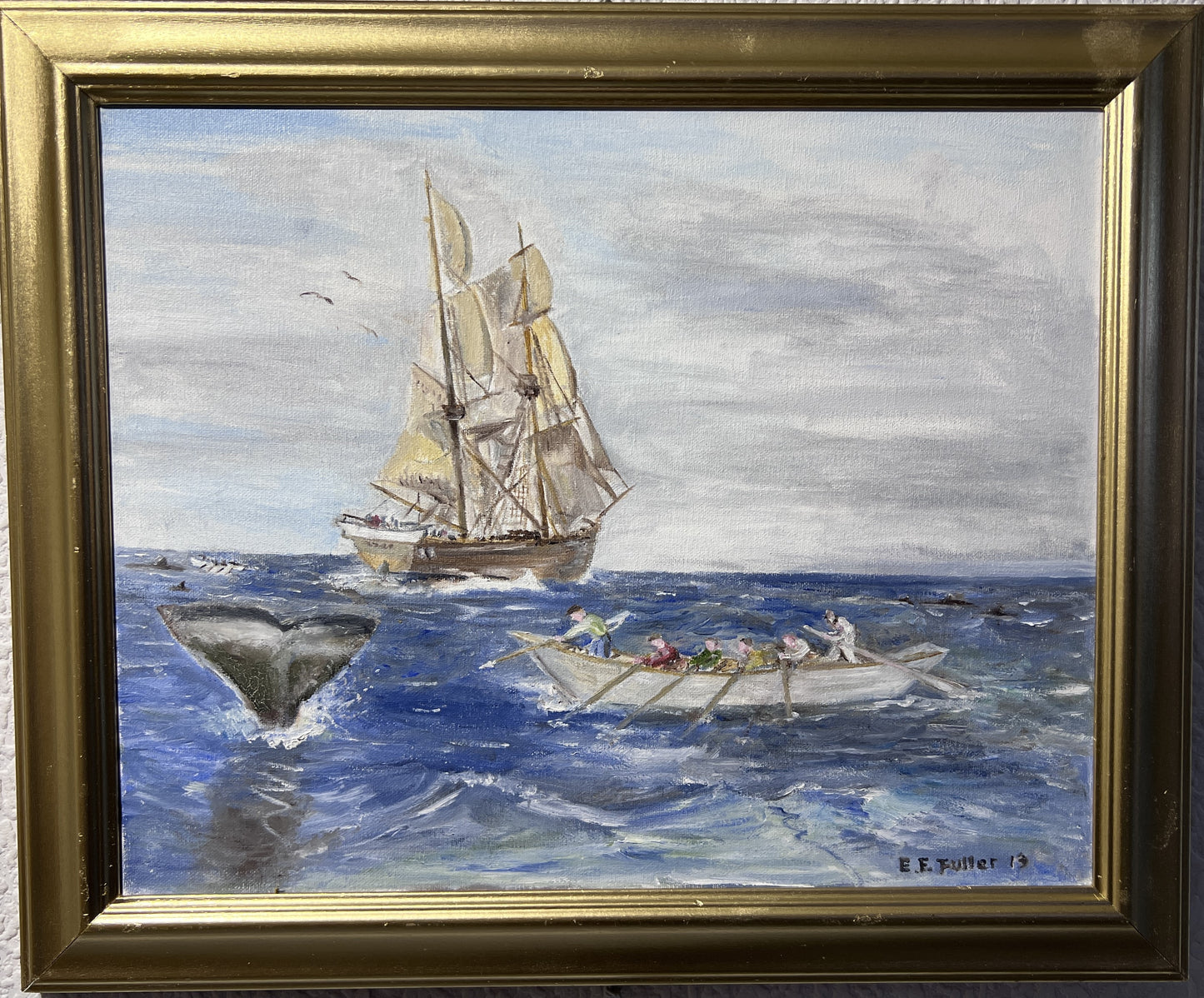 Artist E.F. Fuller Original Painting on canvas, Seascape, Sailboat. Dated