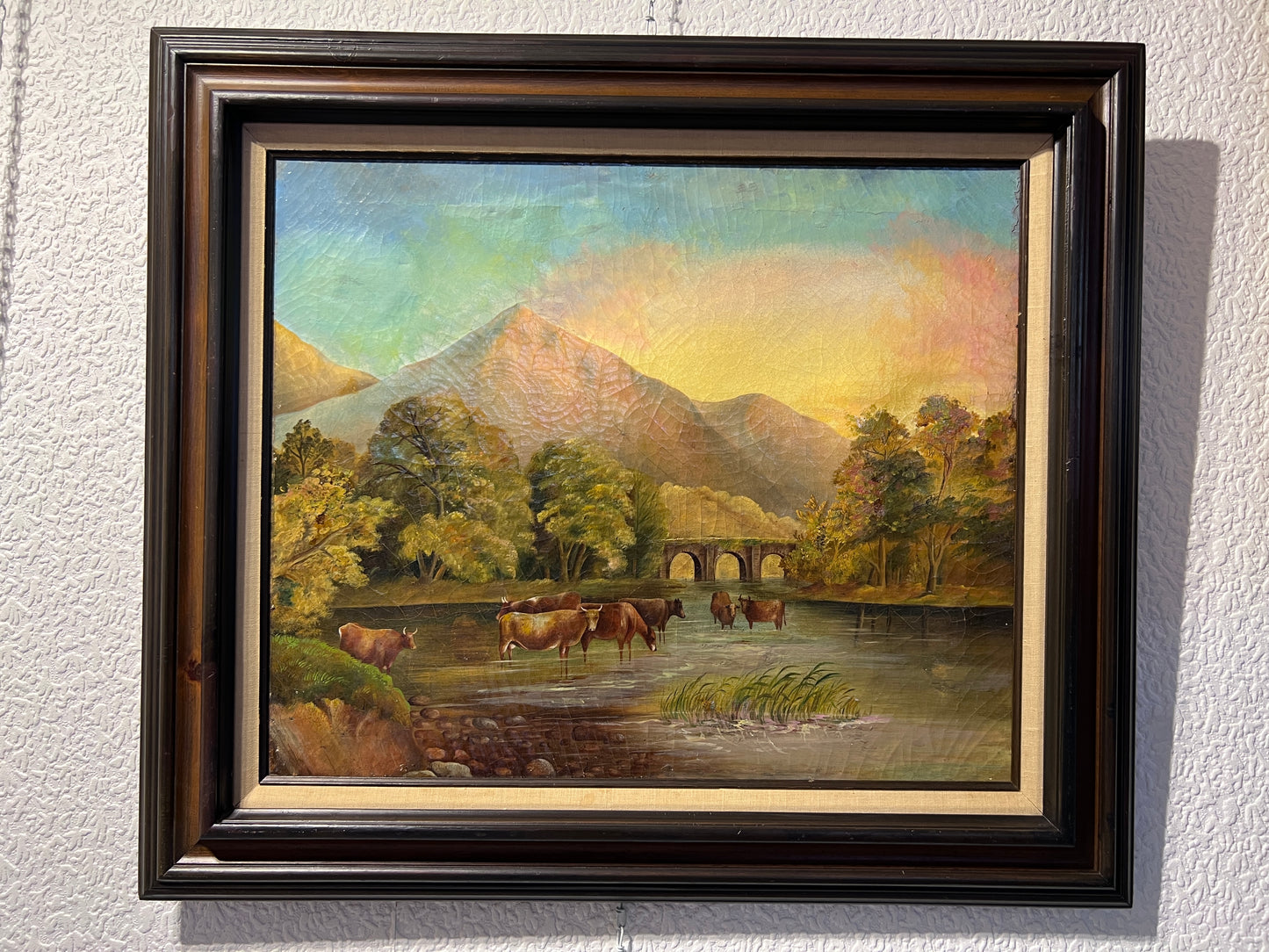 Antique oil painting on canvas, Landscape, Cows, Unsigned, Framed