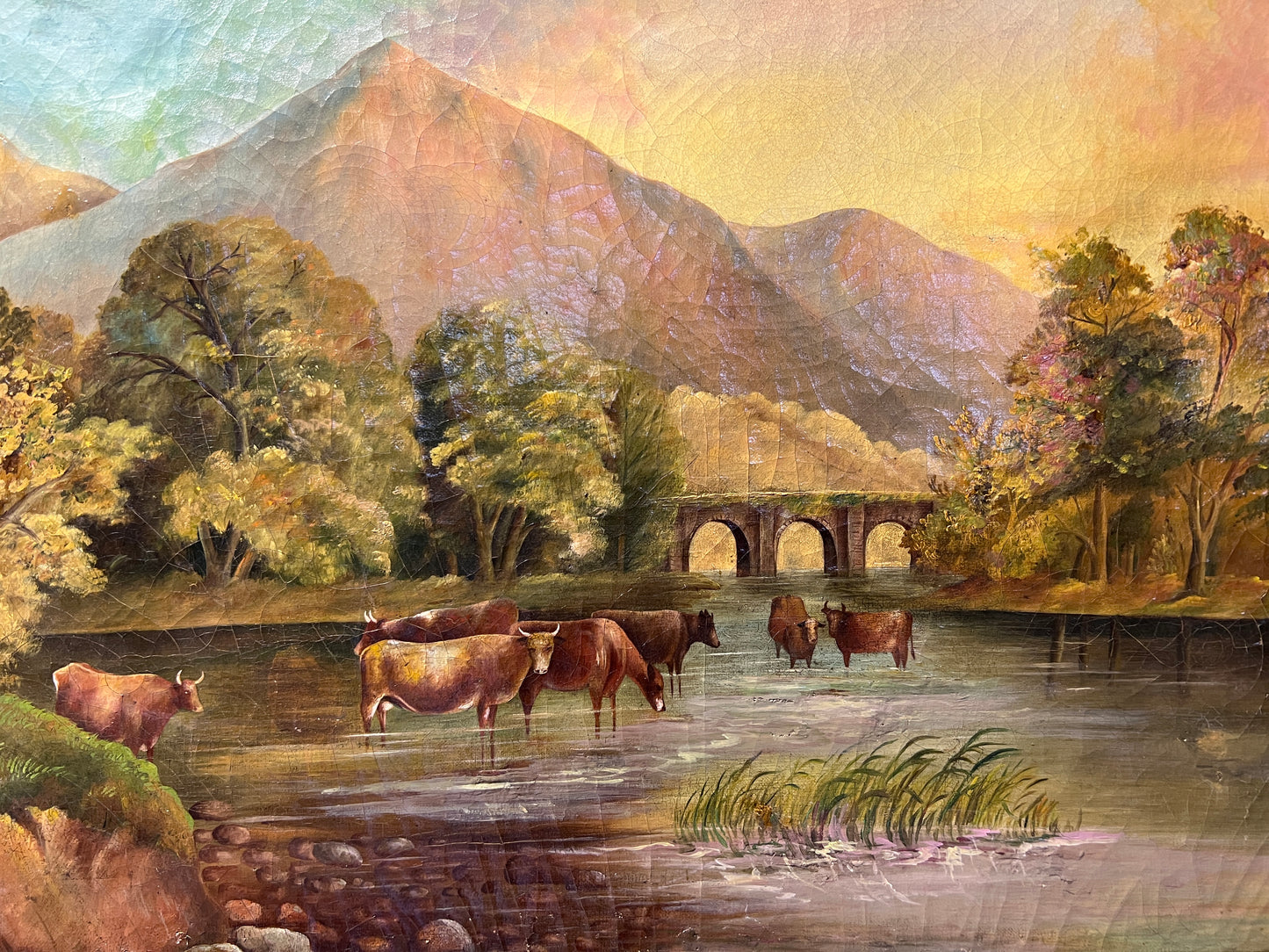 Antique oil painting on canvas, Landscape, Cows, Unsigned, Framed