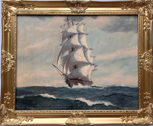 Large Antique T. BAILEY Original Oil Painting on canvas Ship on the Ocean