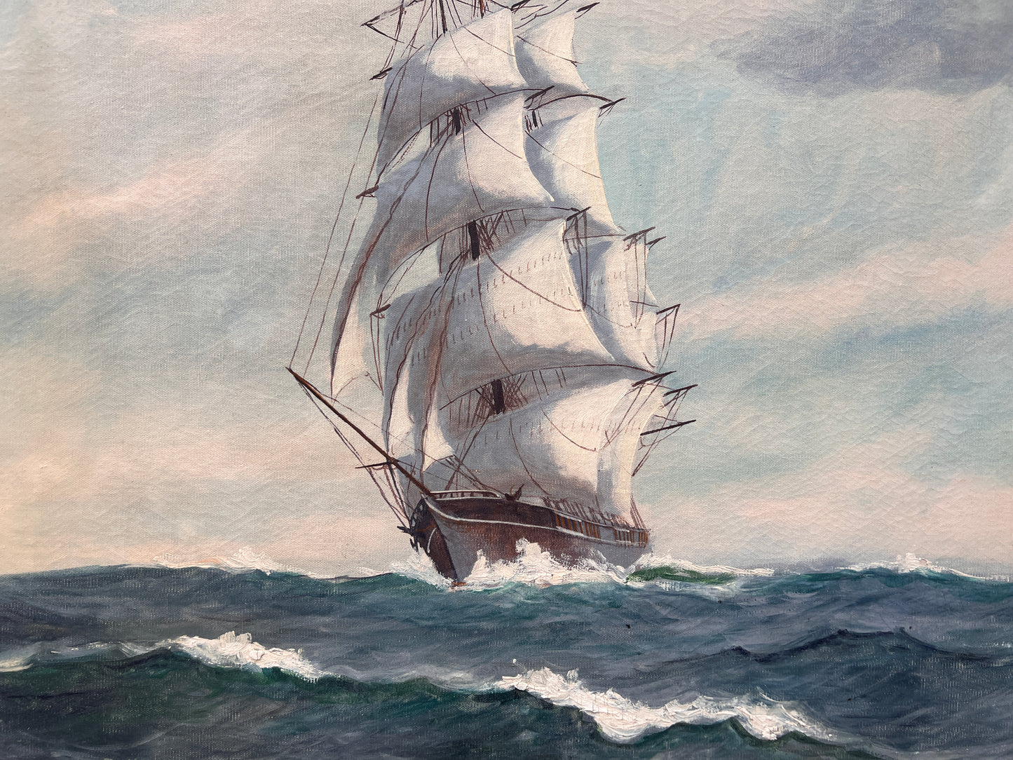 Large Antique T. BAILEY Original Oil Painting on canvas Ship on the Ocean