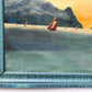 Vintage original oil painting on board, Coastal seascape on sunset, Signed