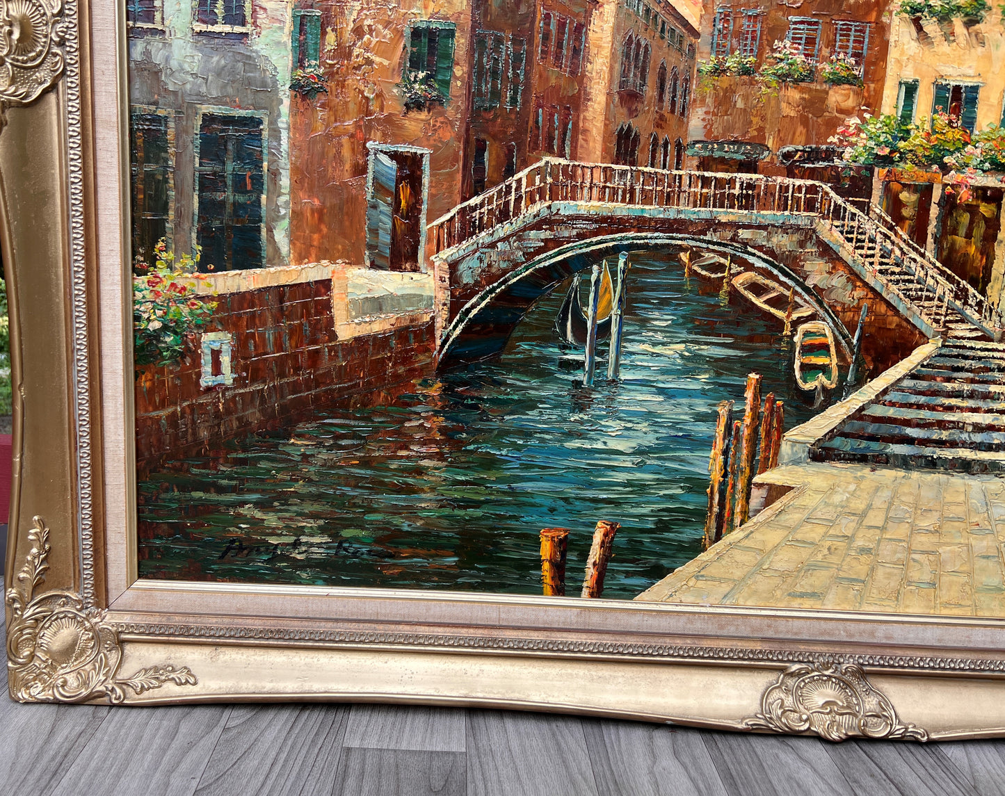 Huge Vintage oil painting on canvas, Venice, Italy, Artist Anyer Rou, Framed