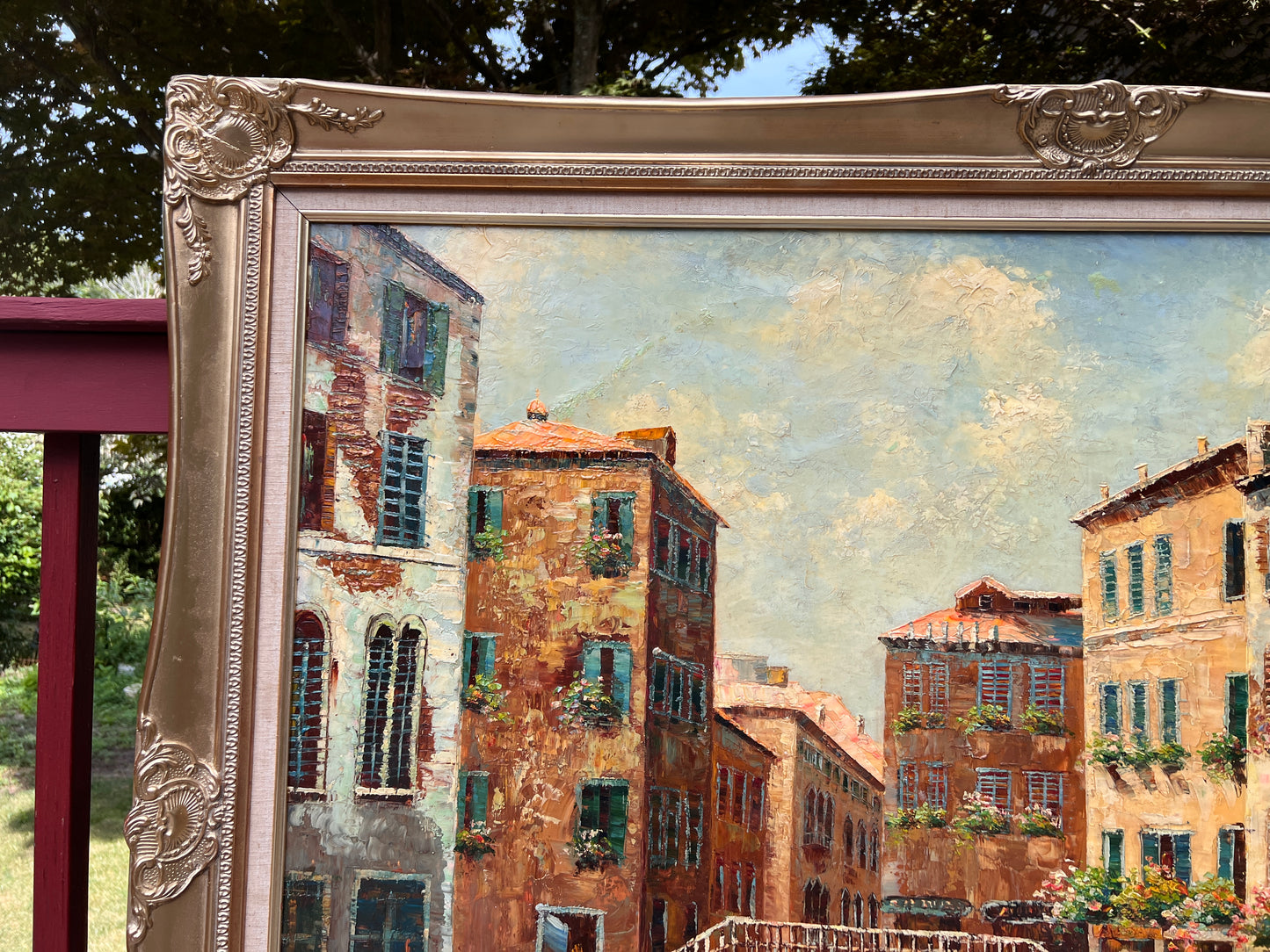 Huge Vintage oil painting on canvas, Venice, Italy, Artist Anyer Rou, Framed