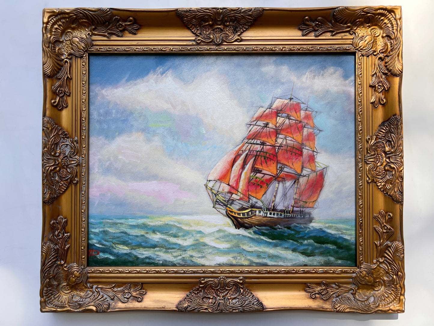 Russian Artist Dobritsin Oil painting on canvas, seascape, Sailing ship, Framed