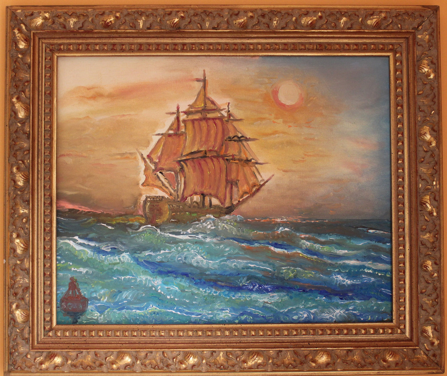 Original oil painting on canvas, seascape, ship, sunset, signed S.Graff, COA