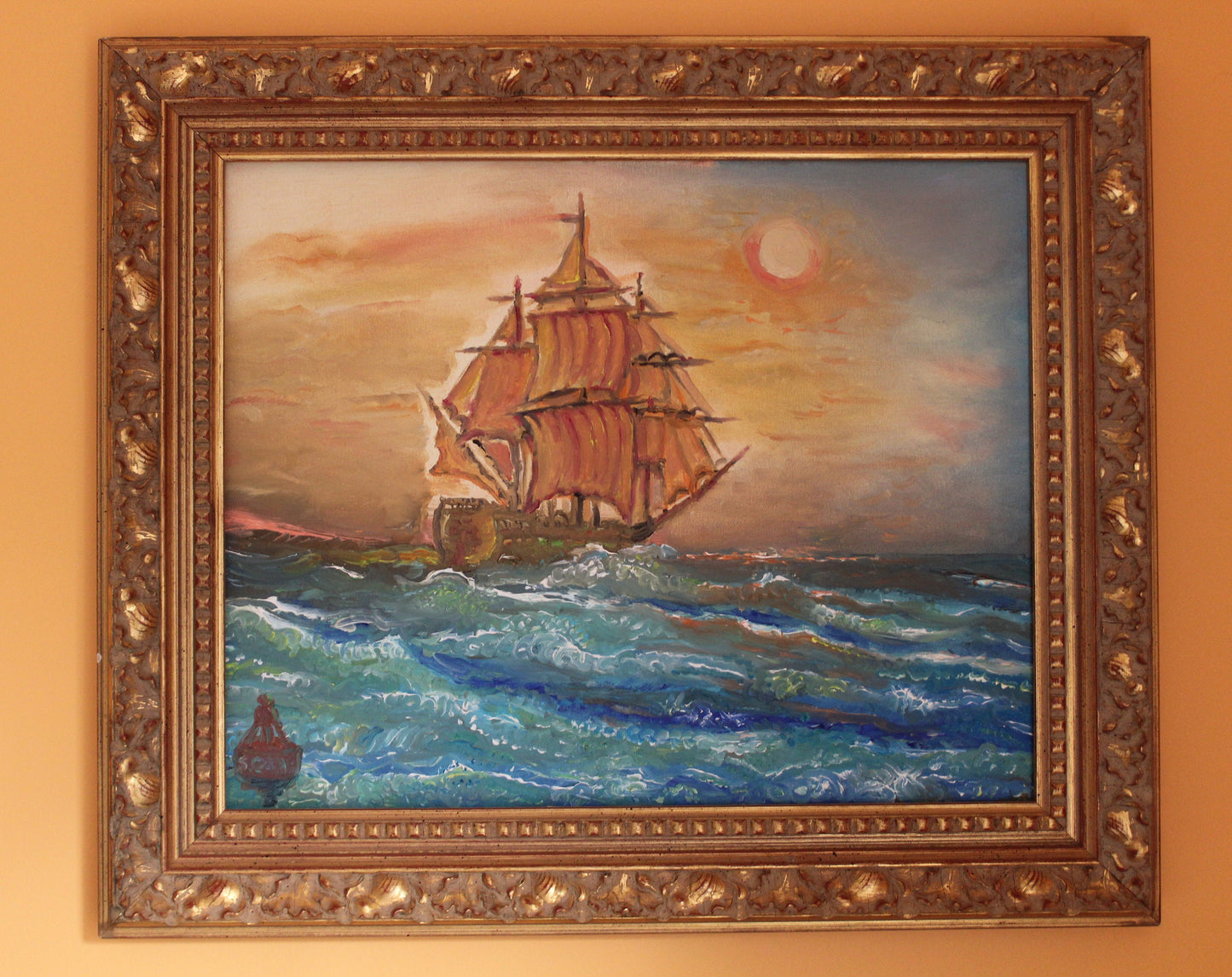 Original oil painting on canvas, seascape, ship, sunset, signed S.Graff, COA