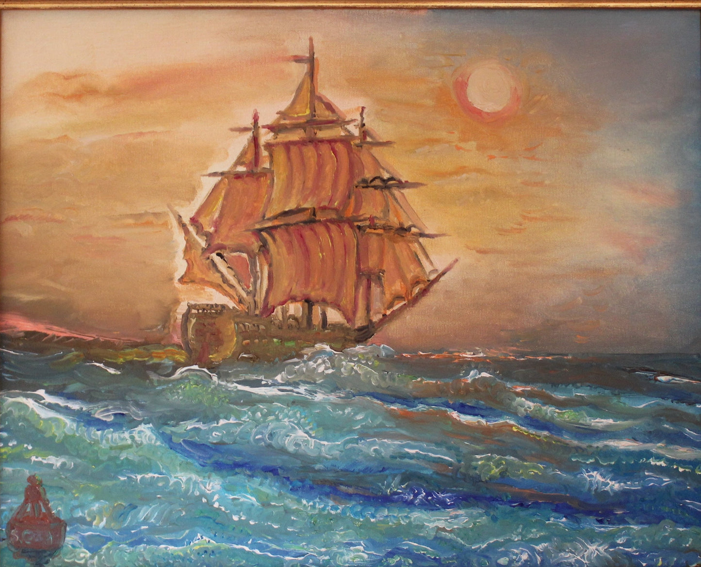 Original oil painting on canvas, seascape, ship, sunset, signed S.Graff, COA