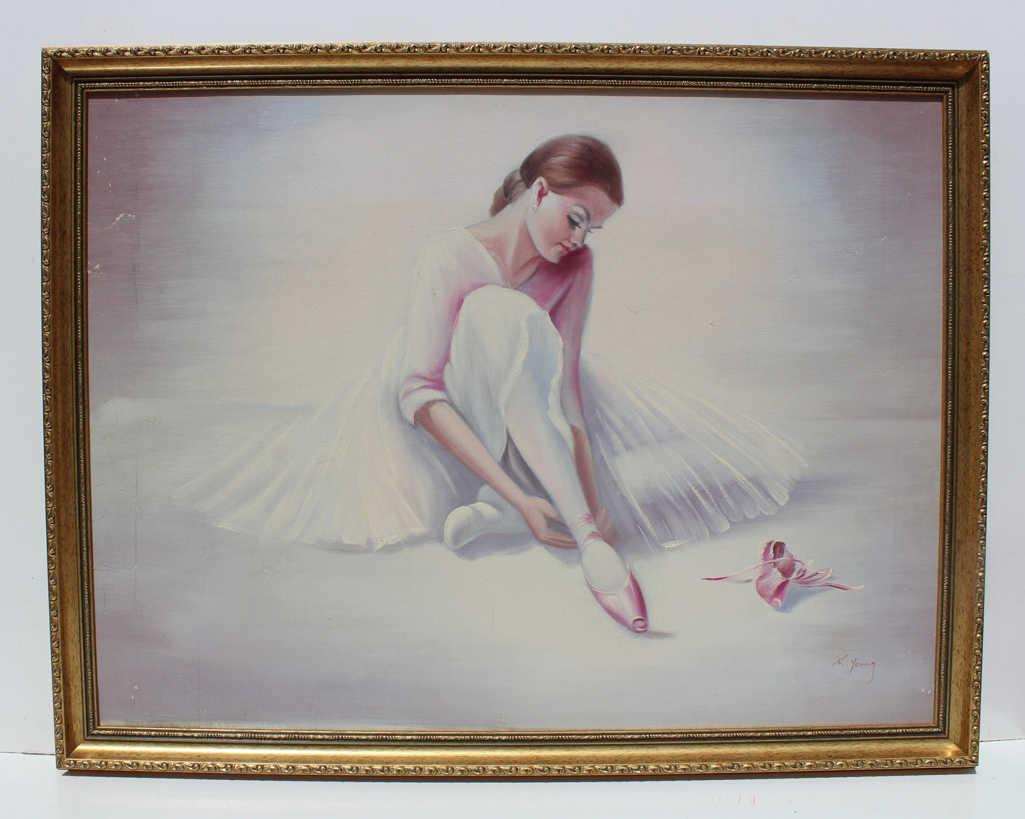 Large vintage oil painting on canvas, R.Young, ballerina, signed, framed