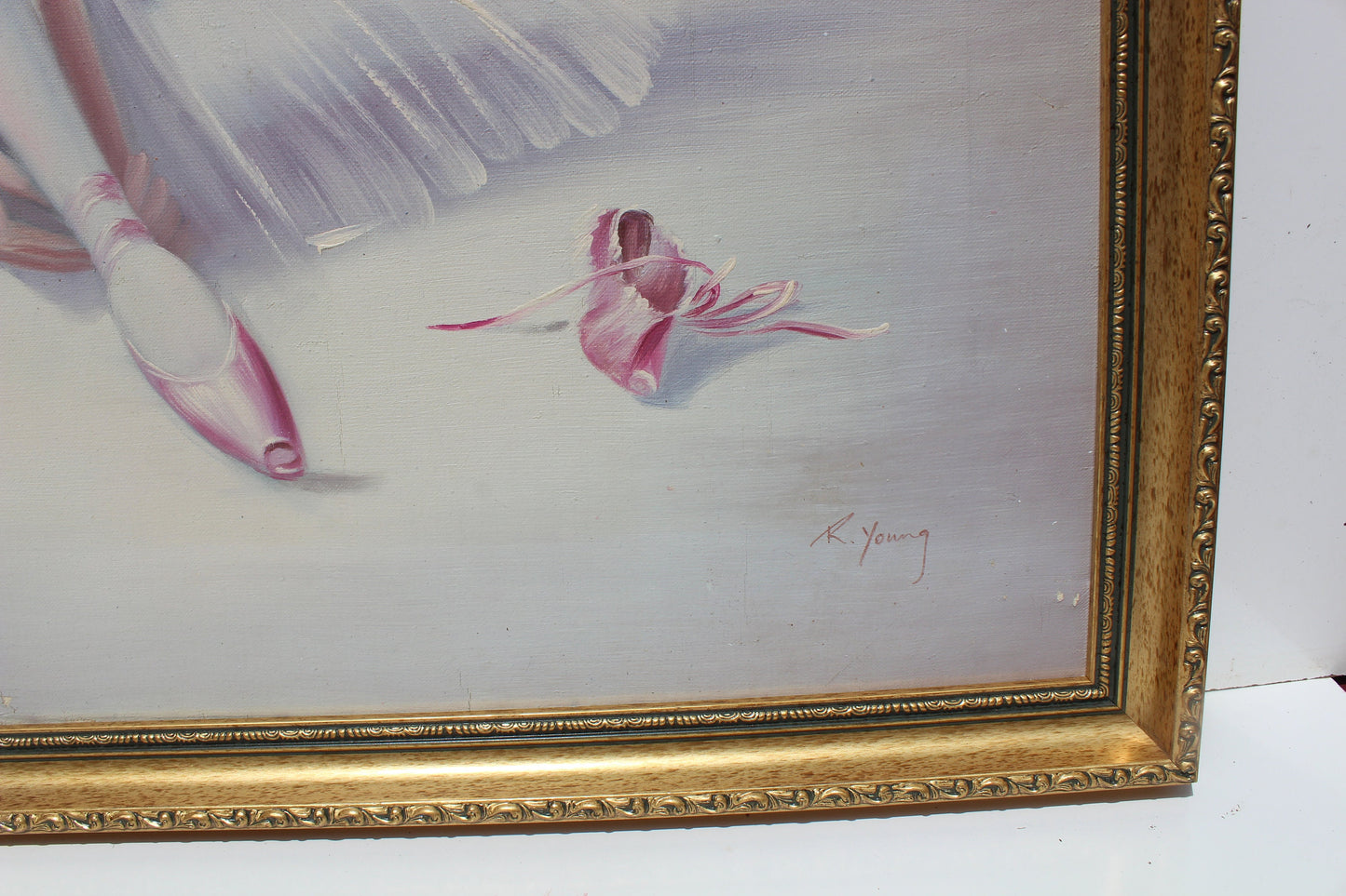 Large vintage oil painting on canvas, R.Young, ballerina, signed, framed