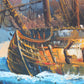 Large Oil painting on canvas, Ship J.Harvey Ls BATTLE AT SEA, Signed, Framed