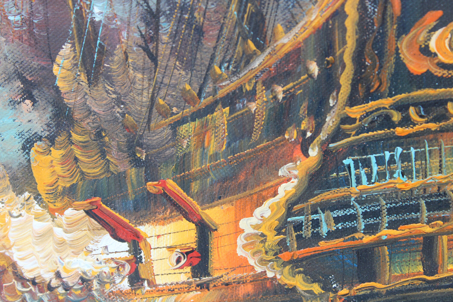 arge Oil painting on canvas, ShipJ.Harvey Ls BATTLE AT SEA, Signed, Framed