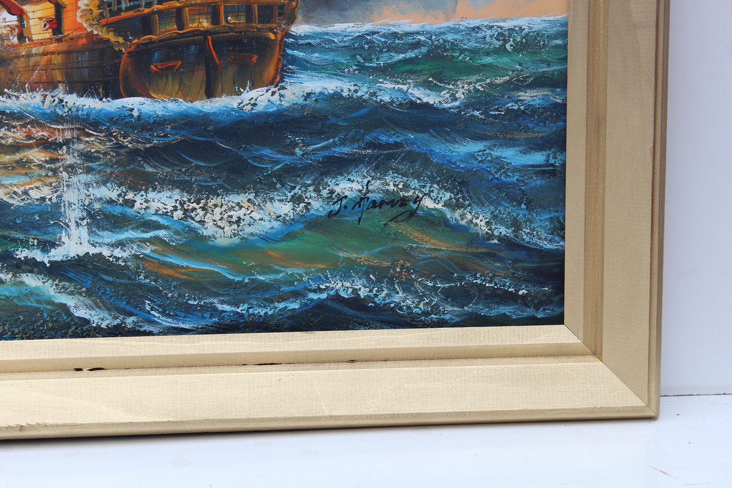 arge Oil painting on canvas, ShipJ.Harvey Ls BATTLE AT SEA, Signed, Framed