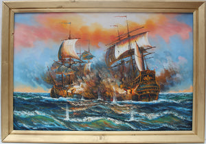 Large Oil painting on canvas, Ship J.Harvey Ls BATTLE AT SEA, Signed, Framed