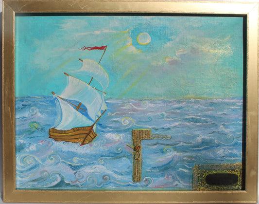 Original painting on antique canvas, seascape, sailboat, signed S.Graff, COA