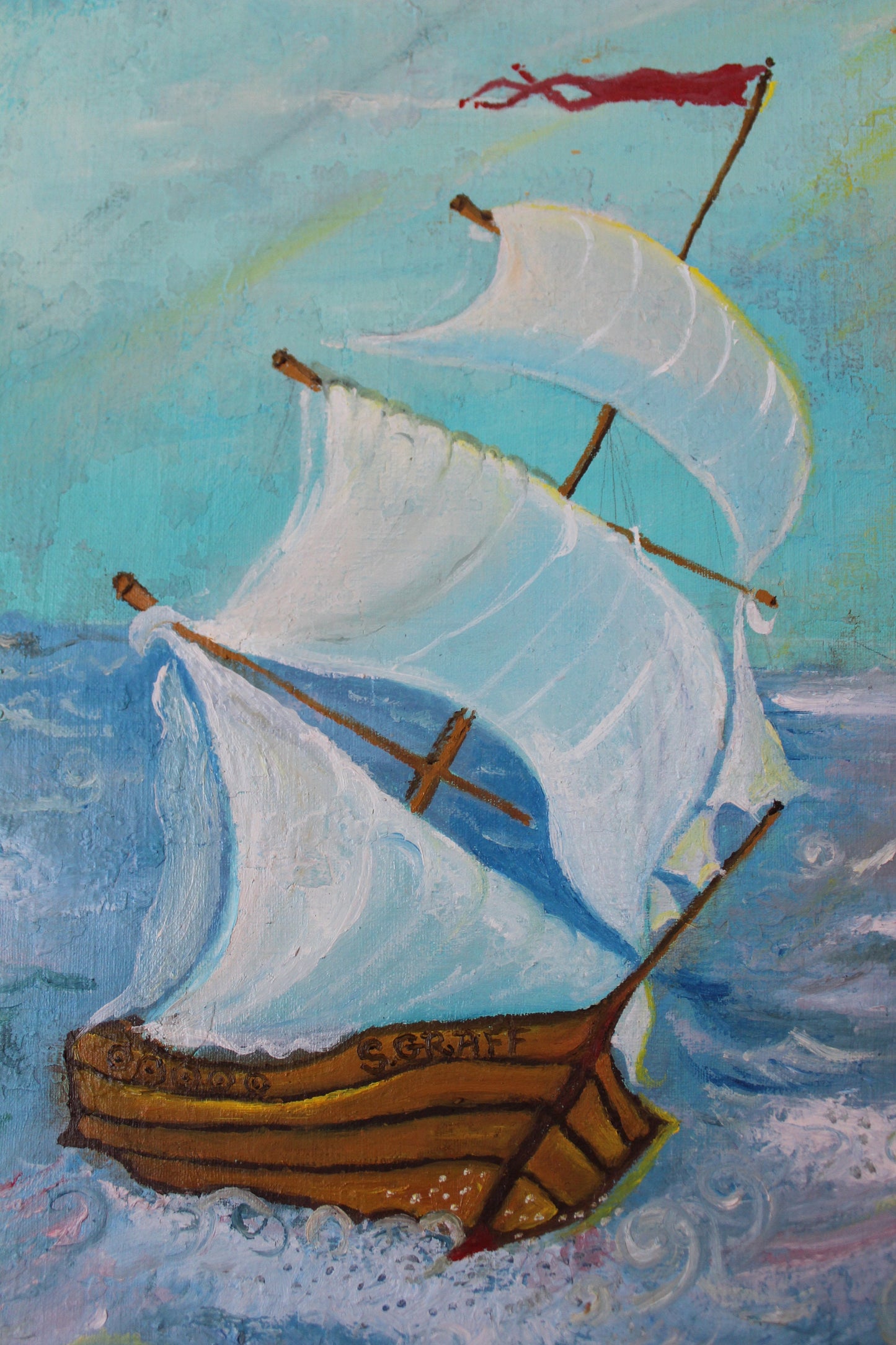 Original painting on antique canvas, seascape, sailboat, signed S.Graff, COA