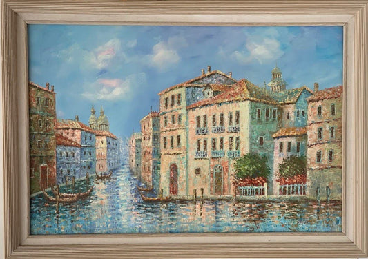 Large oil painting on canvas, Italy, Venice, Canal view, Signed Charlote