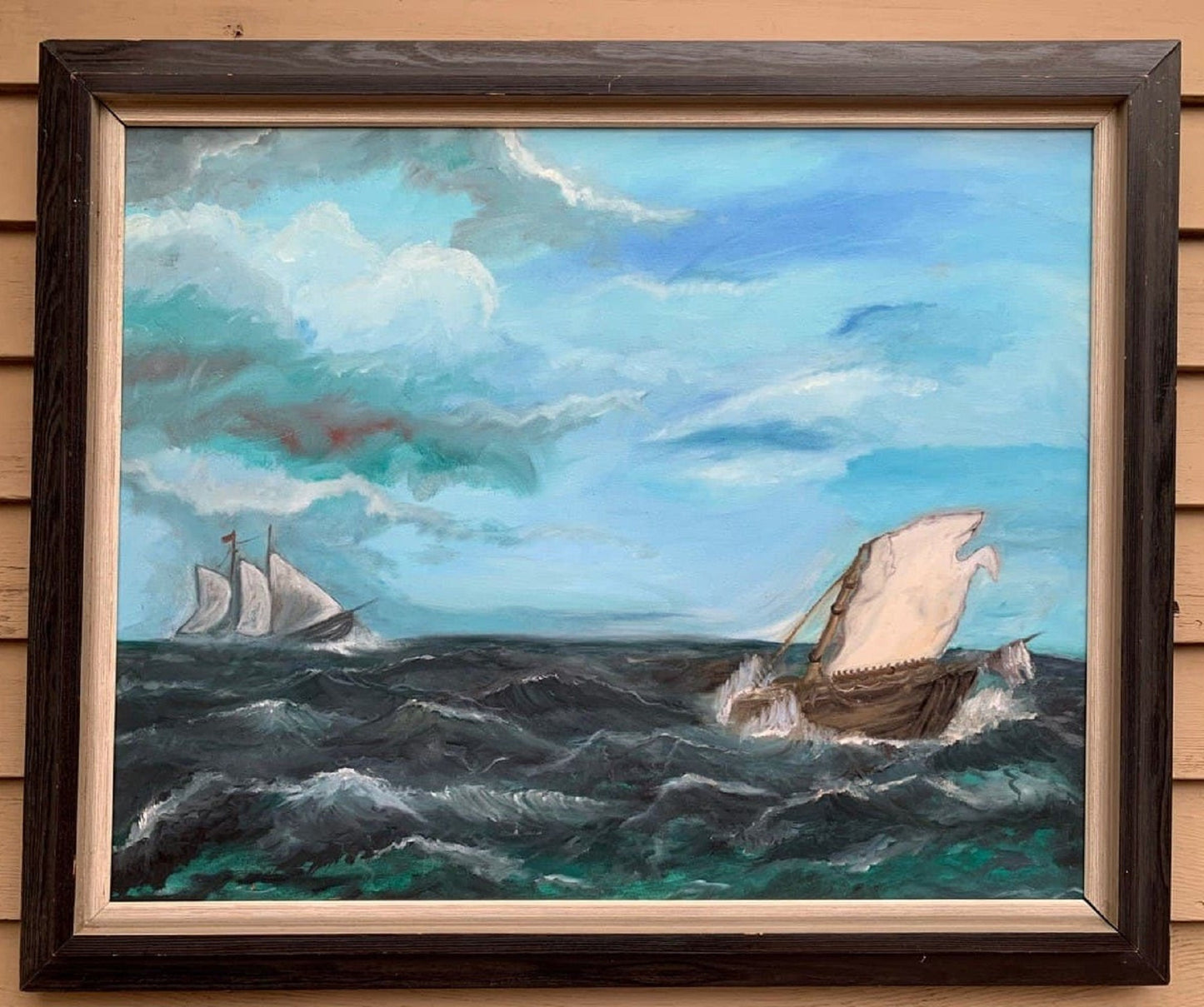 Large Vintage Oil painting on canvas, seascape, Sailing Ships, framed