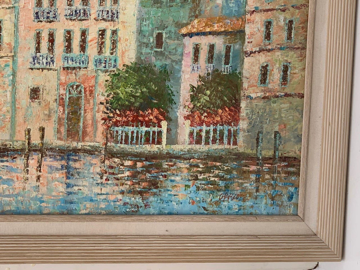 Large oil painting on canvas, Italy, Venice, Canal view, Signed Charlote