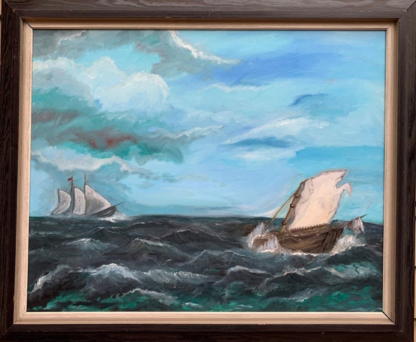 Large Vintage Oil painting on canvas, seascape, Sailing Ships, framed