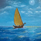 Oil Painting on Canvas, Seascape, Lonely Sailboat on the High Seas, Signed, COA