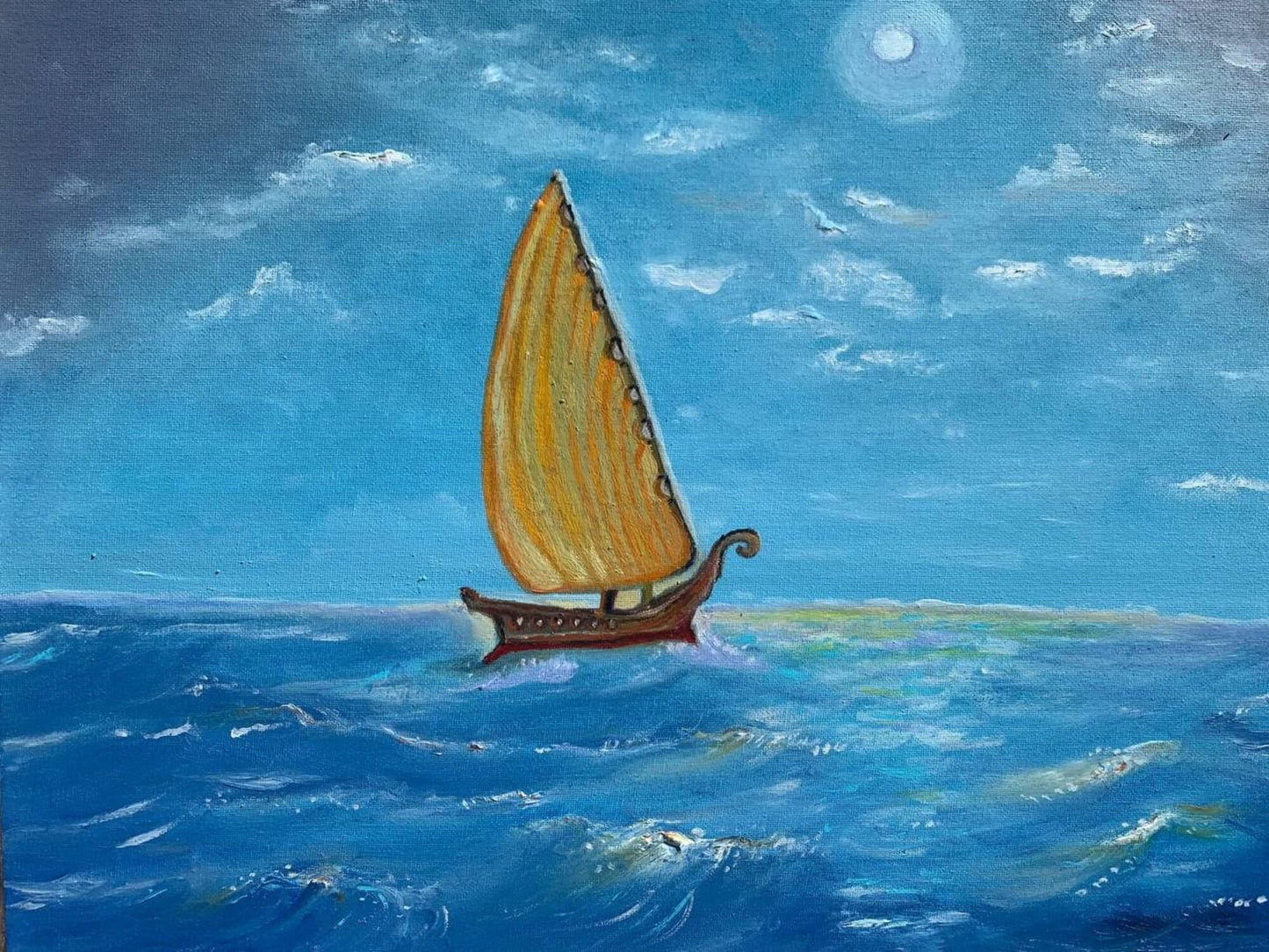 Oil Painting on Canvas, Seascape, Lonely Sailboat on the High Seas, Signed, COA