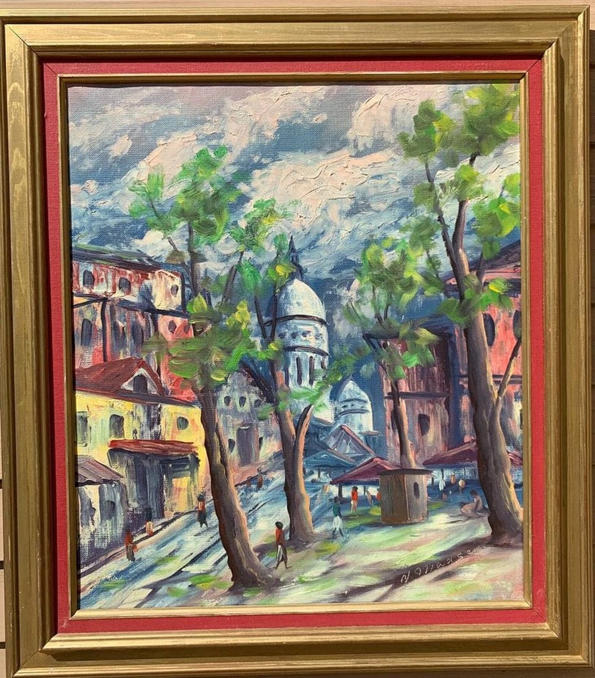 Vintage oil painting on canvas, Danish Artist N.Madsen, Cityscape, Street scene