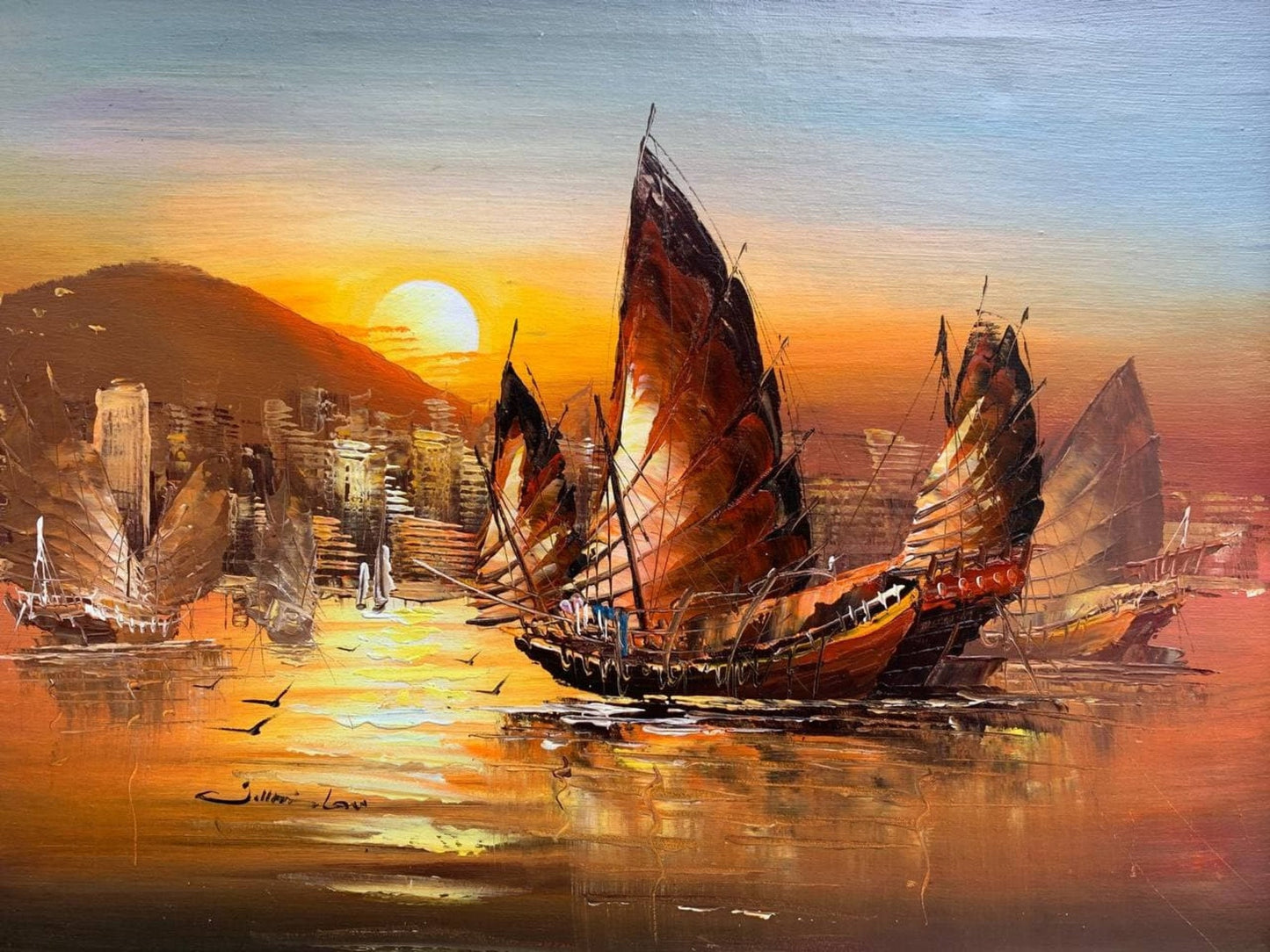 Stunning Oil painting on Canvas, Seascape, Sailing Ships at Sunset, Framed