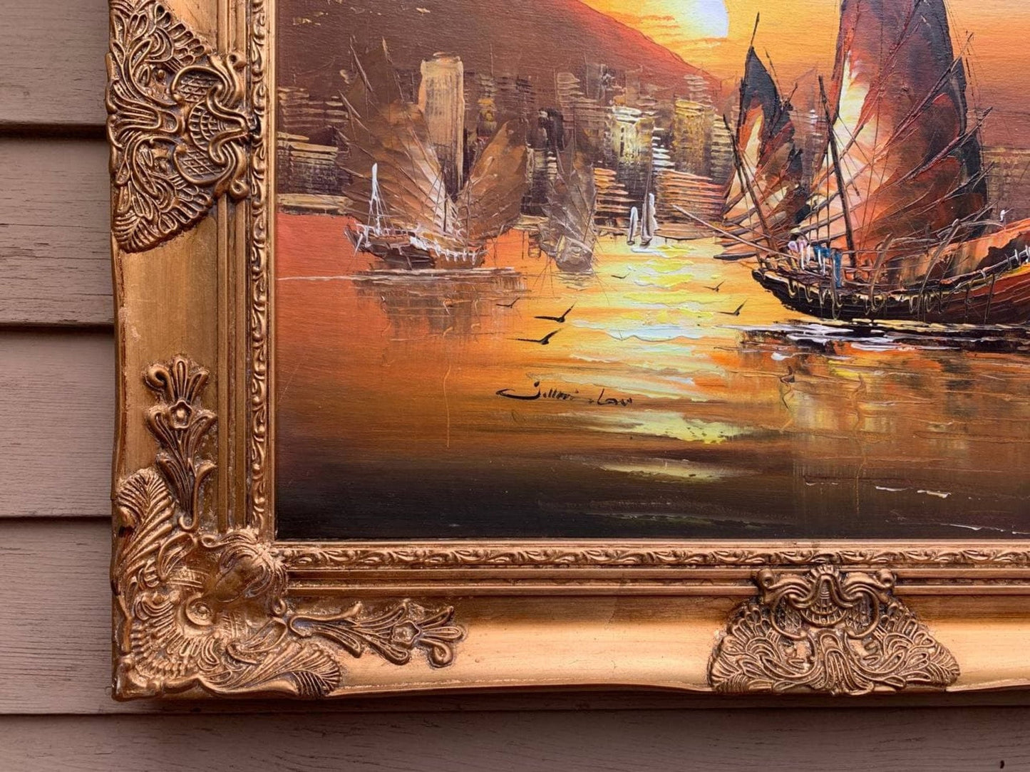 Stunning Oil painting on Canvas, Seascape, Sailing Ships at Sunset, Framed