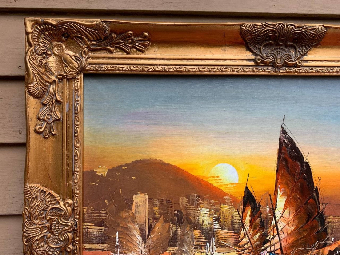 Stunning Oil painting on Canvas, Seascape, Sailing Ships at Sunset, Framed