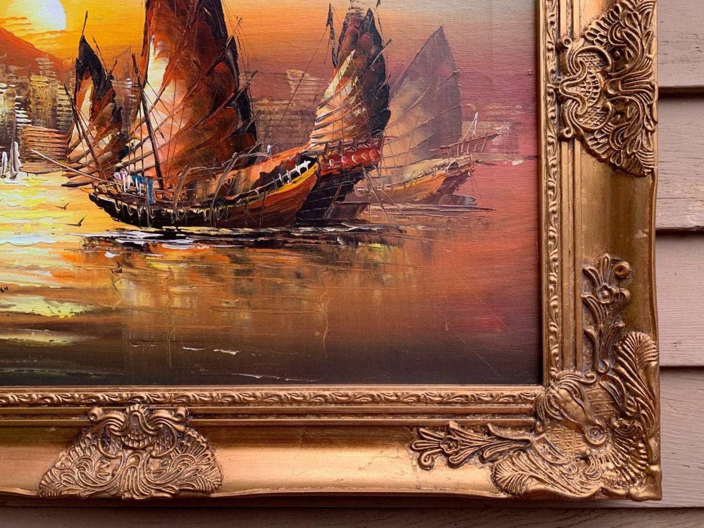 Stunning Oil painting on Canvas, Seascape, Sailing Ships at Sunset, Framed