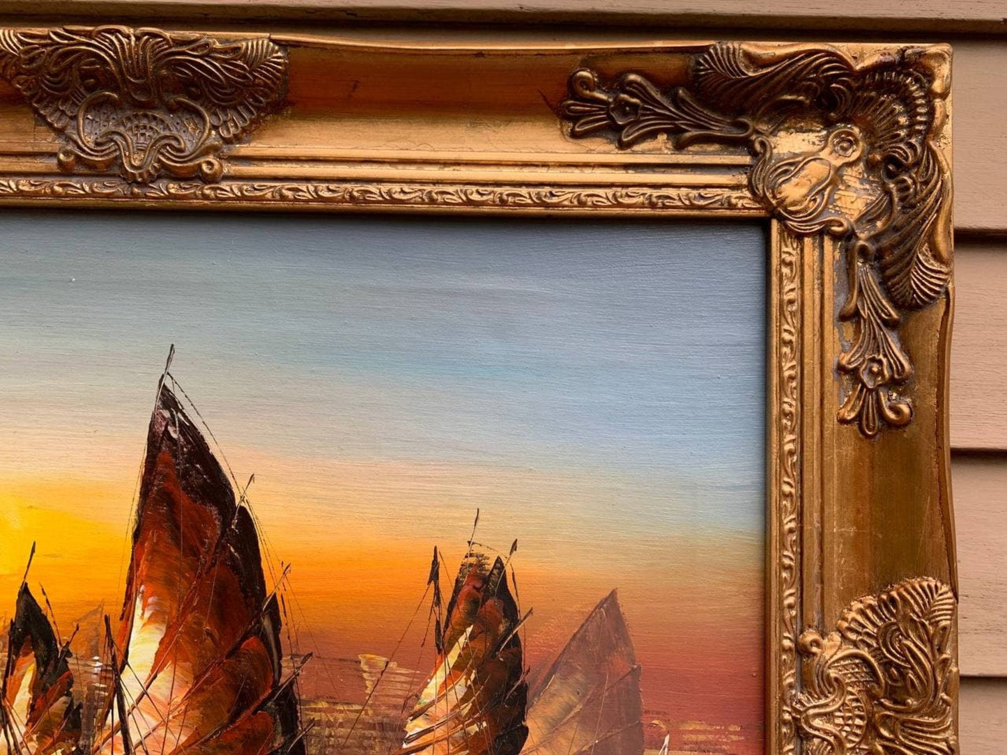 Stunning Oil painting on Canvas, Seascape, Sailing Ships at Sunset, Framed