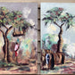 Pair of Vintage African oil on canvas paintings, Villages with figures, Signed