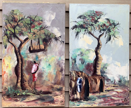 Pair of Vintage African oil on canvas paintings, Villages with figures, Signed