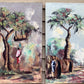 Pair of Vintage African oil on canvas paintings, Villages with figures, Signed