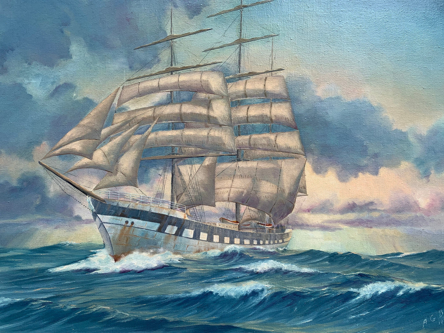 1977 Vintage oil painting on canvas, Seascape, sailing ship, Signed A.G. Burse