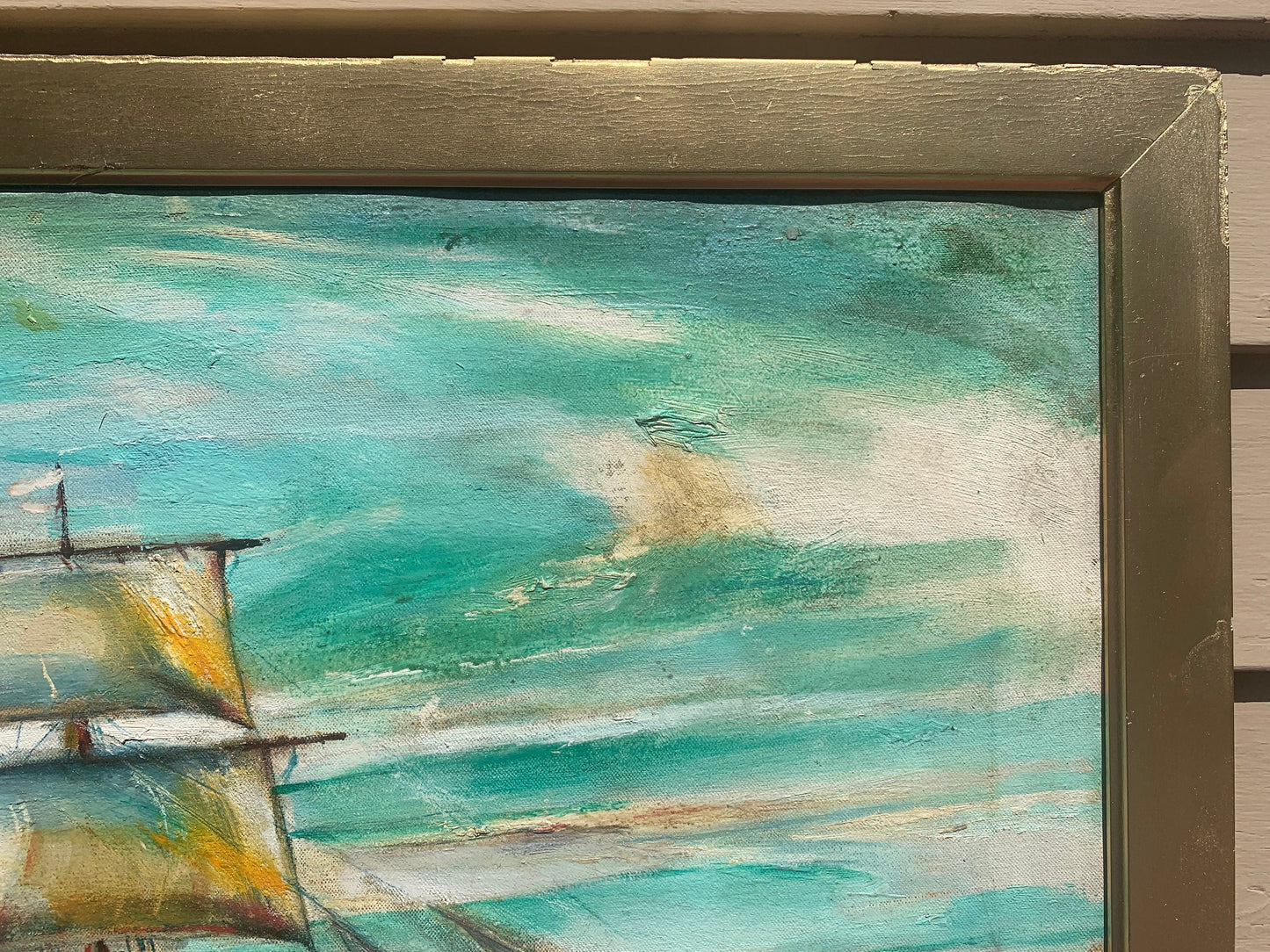 Vintage Oil painting on canvas, seascape, Sailing ship, Unsigned, Framed