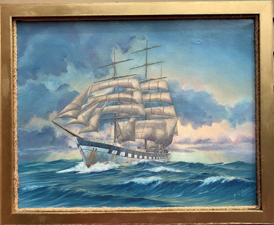 1977 Vintage oil painting on canvas, Seascape, sailing ship, Signed A.G. Burse