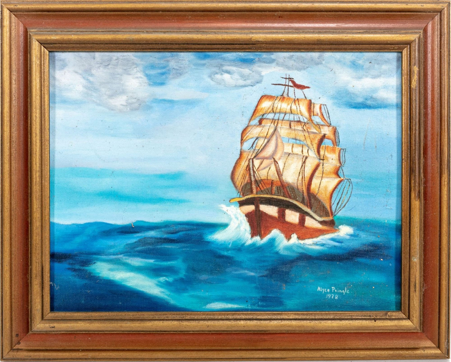 Acrylic on canvas board painting of a ship signed Alyce Pringle 1978 framed