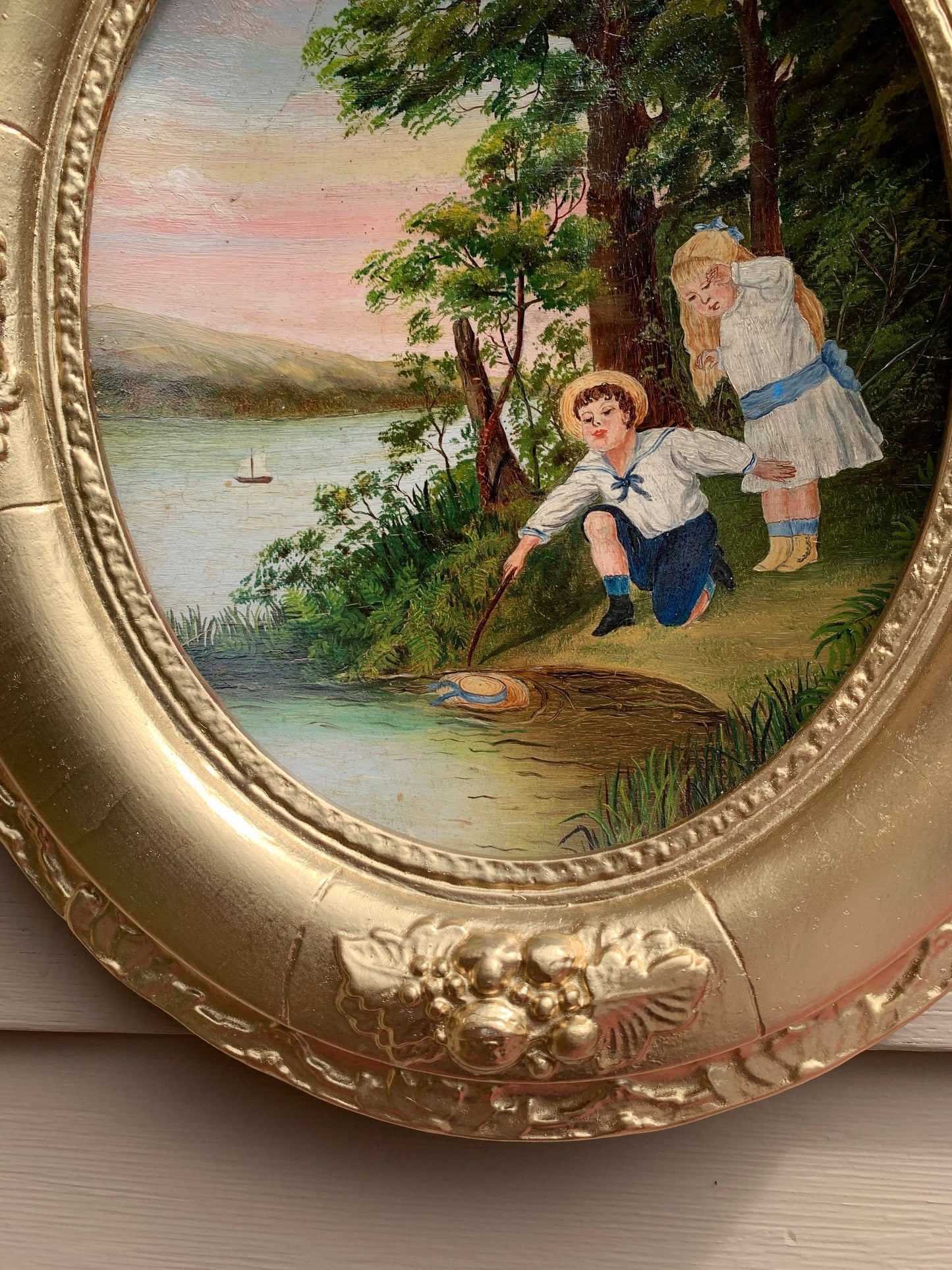 Original Antique Oil painting on board, Unsigned, children, framed