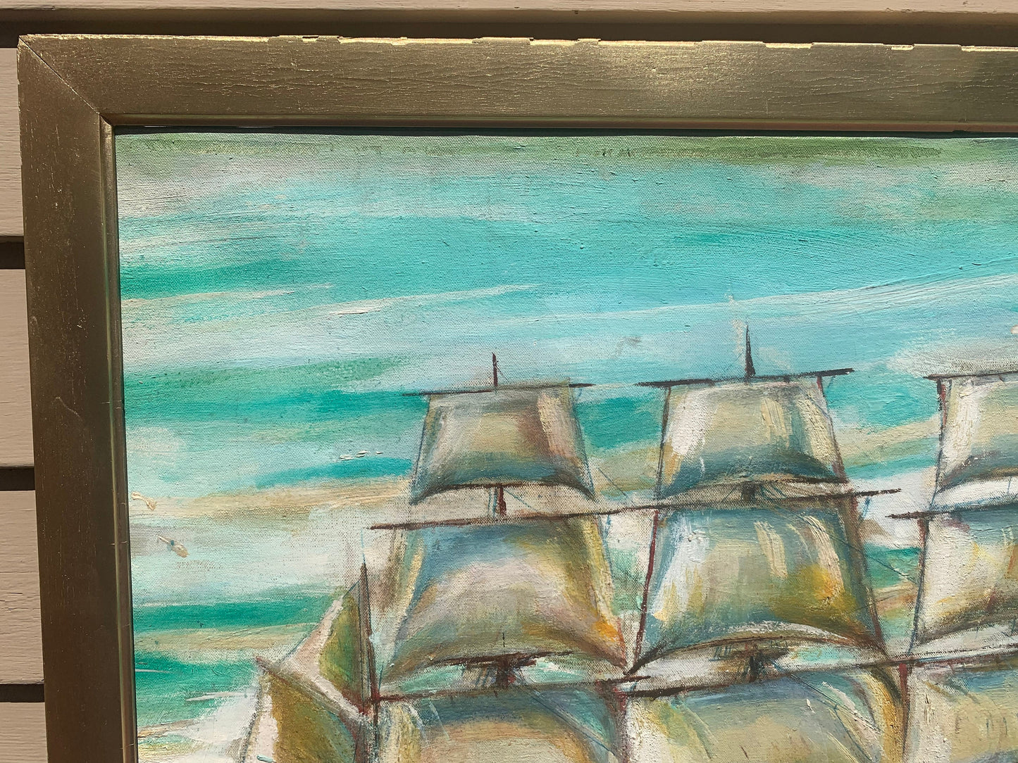 Vintage Oil painting on canvas, seascape, Sailing ship, Unsigned, Framed