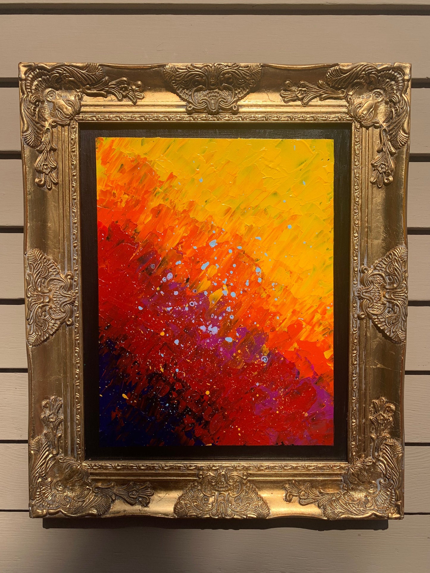 Original Abstract Painting on Canvas "Volcanic Eruption" , Signed, Framed