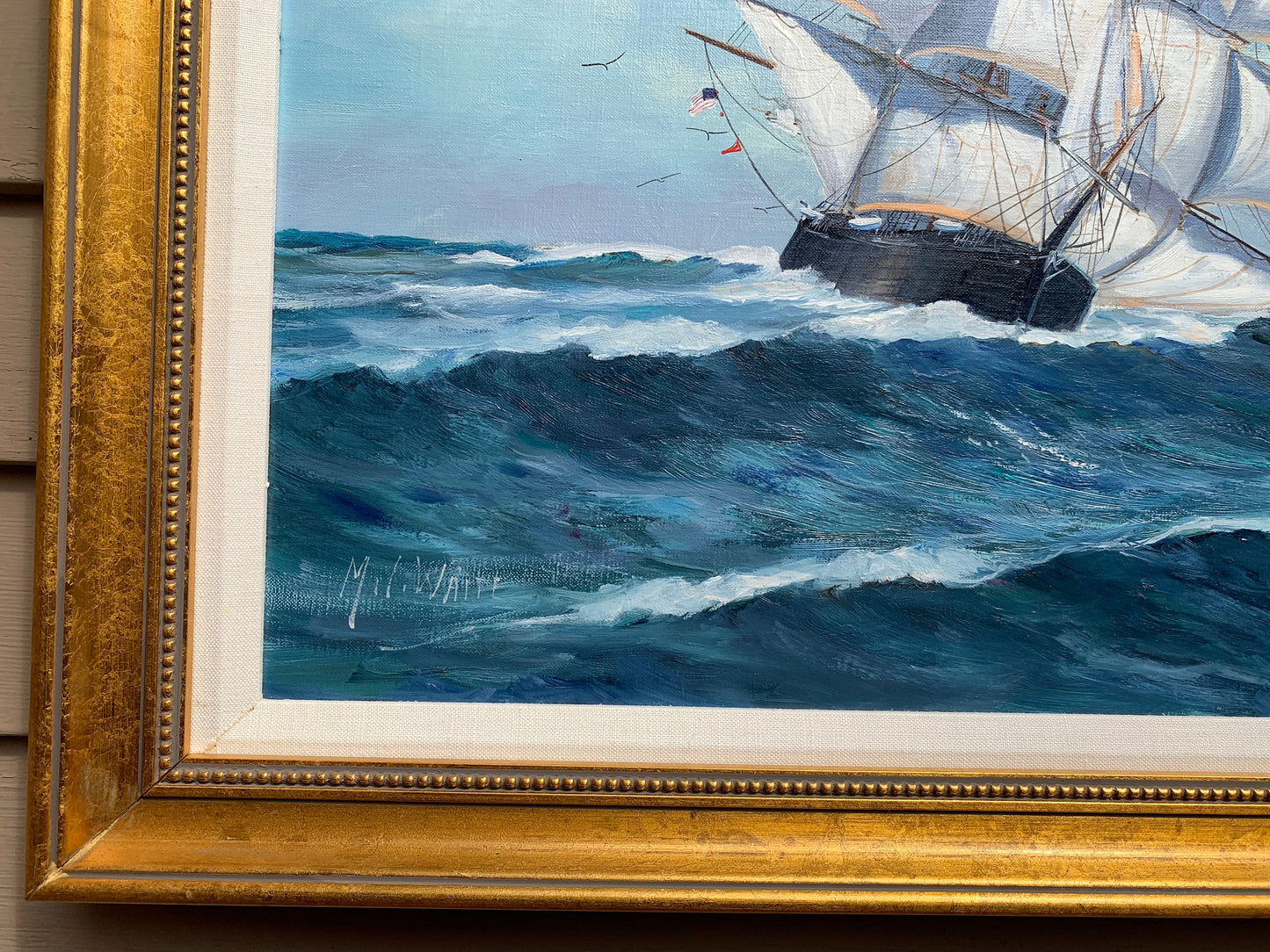 Listed American Artist Malcolm Waite (XX), oil painting, Seascape, Sailing Ship