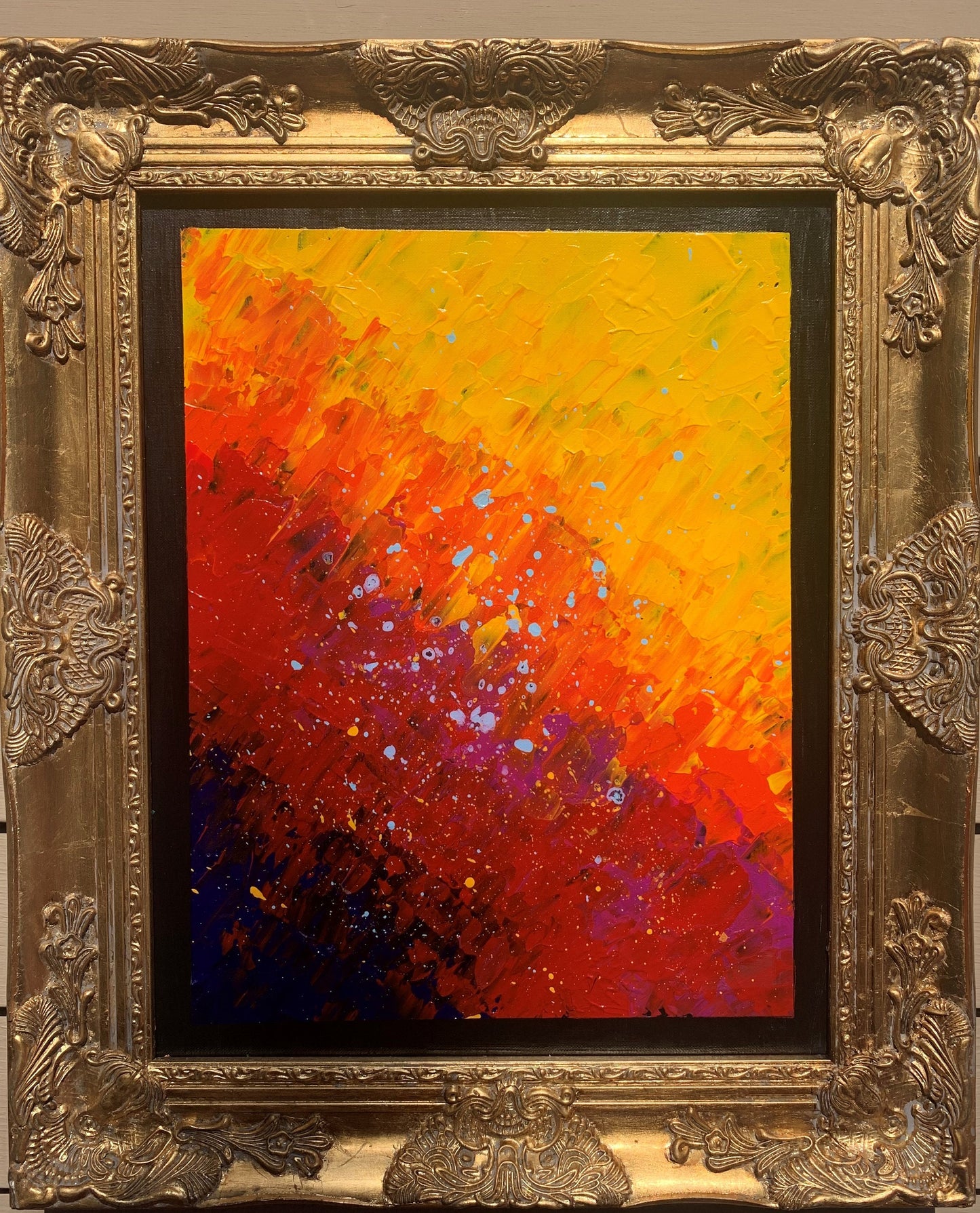 Original Abstract Painting on Canvas "Volcanic Eruption" , Signed, Framed