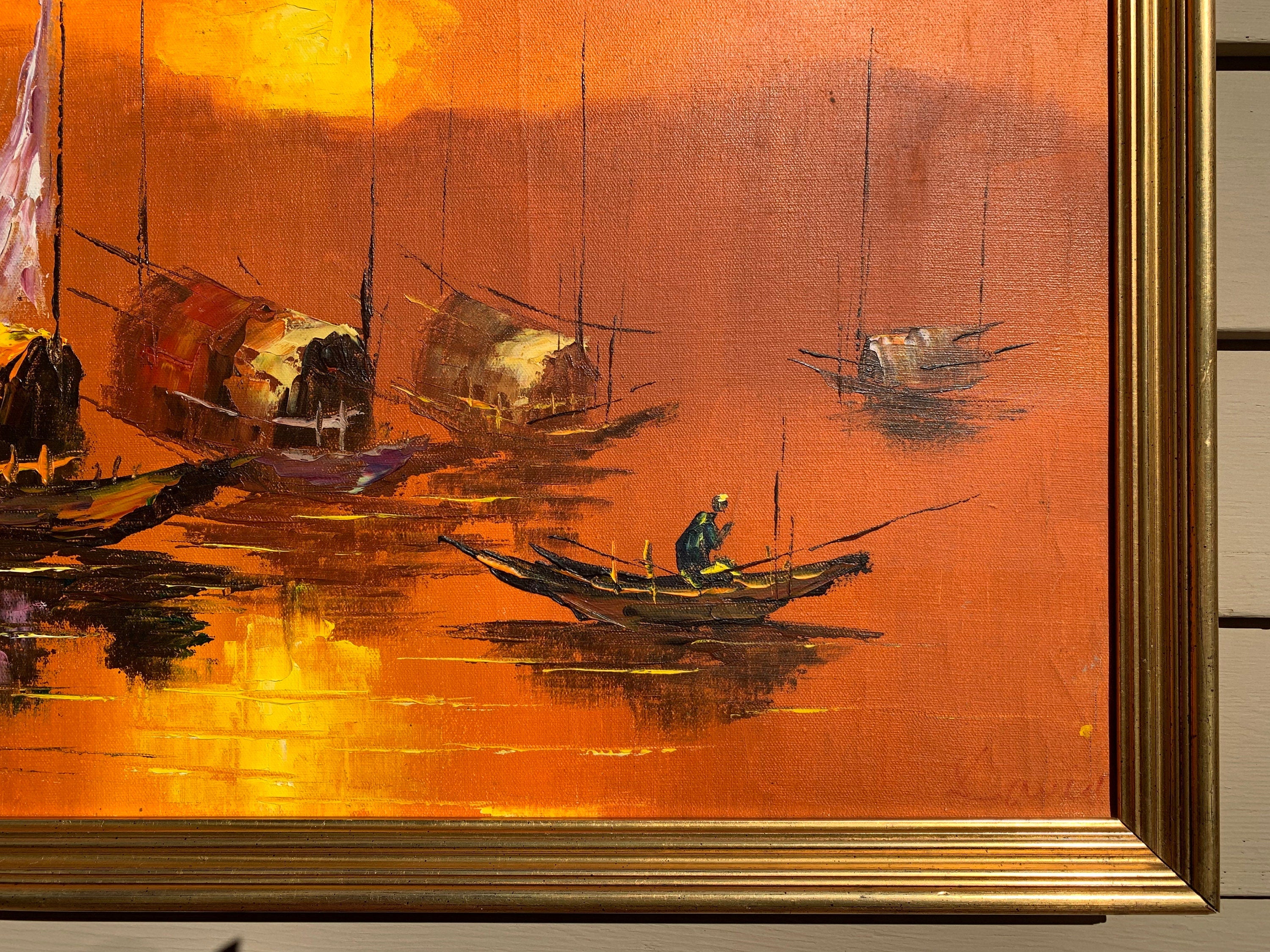 Stunning Oil painting on Canvas, Seascape, Boats at Sunset, Signed