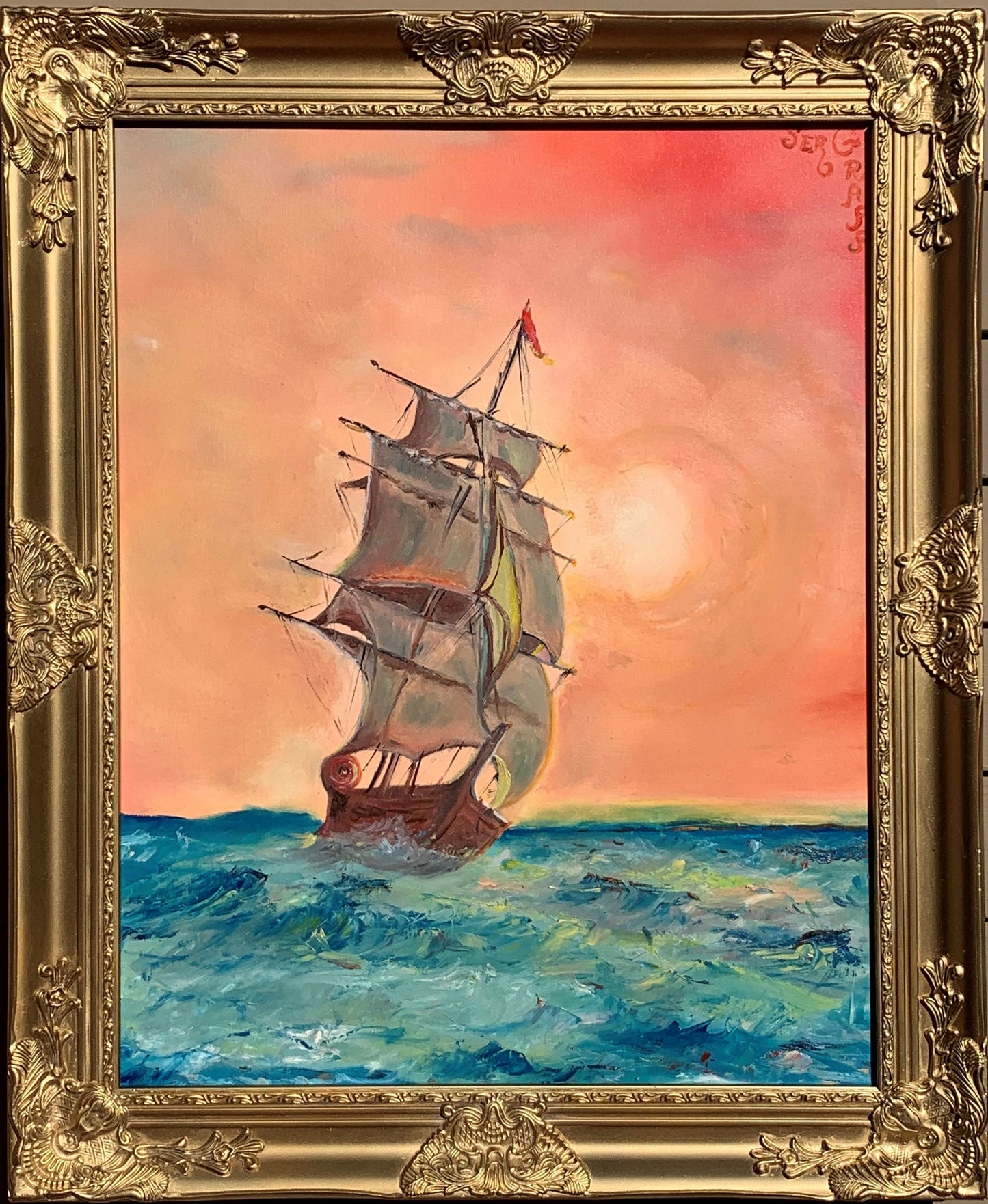 Large Oil Painting on Canvas, Seascape by Serg Graff "Clipper Ship Dream" Framed