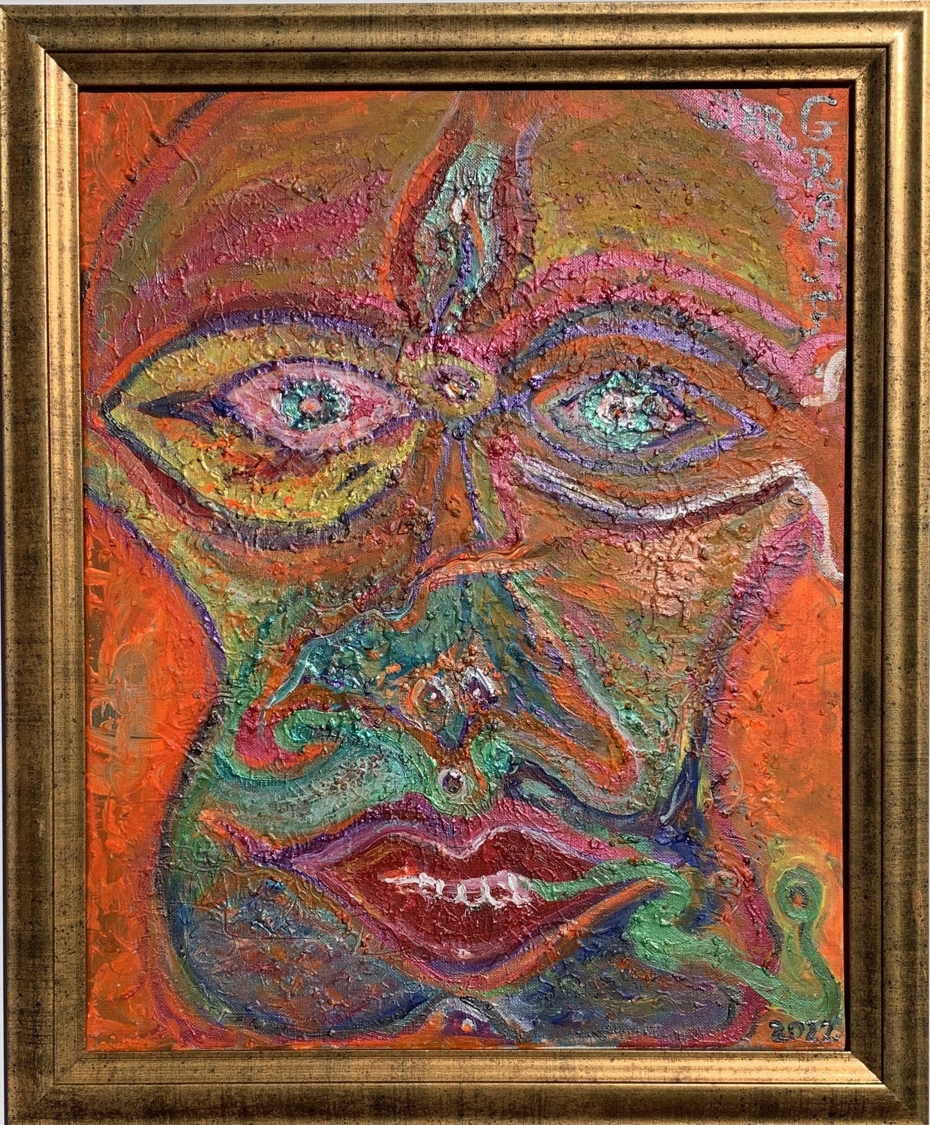 Textured Abstract Painting on Canvas by Serg Graff, "Three Eyed" COA, framed